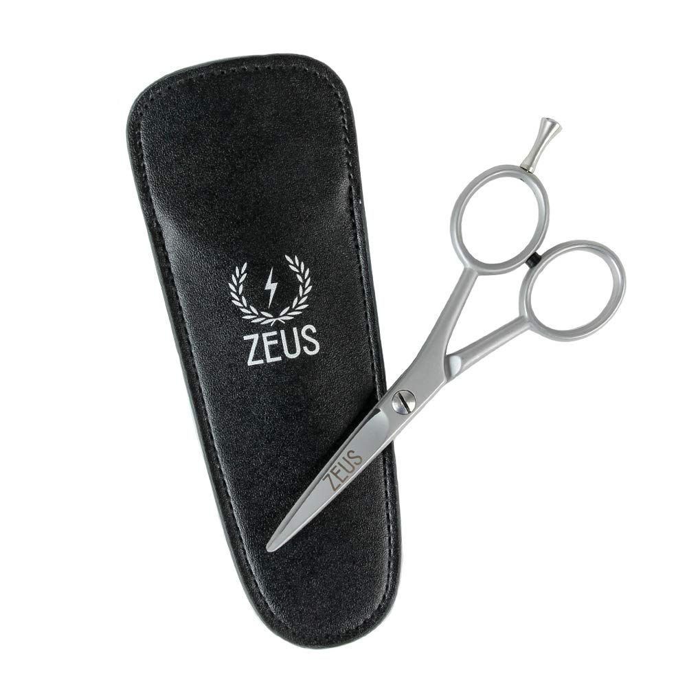 ZEUS Stainless Steel Beard Trimming Scissors with Leather Case, Facial Hair Clipping Tool for Barber Quality Beard &amp; Mustache Trim (Made In Germany)