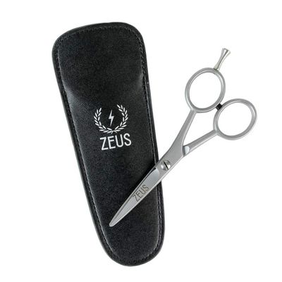 ZEUS Stainless Steel Beard Trimming Scissors with Leather Case, Facial Hair Clipping Tool for Barber Quality Beard &amp; Mustache Trim (Made In Germany)
