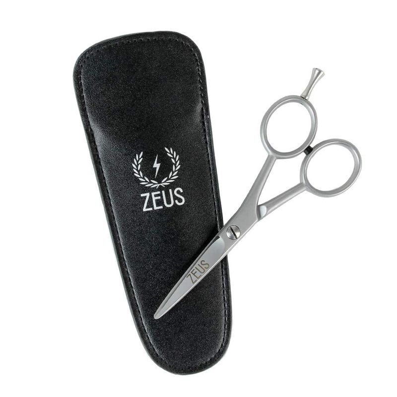 ZEUS Stainless Steel Beard Trimming Scissors with Leather Case, Facial Hair Clipping Tool for Barber Quality Beard &amp; Mustache Trim (Made In Germany)