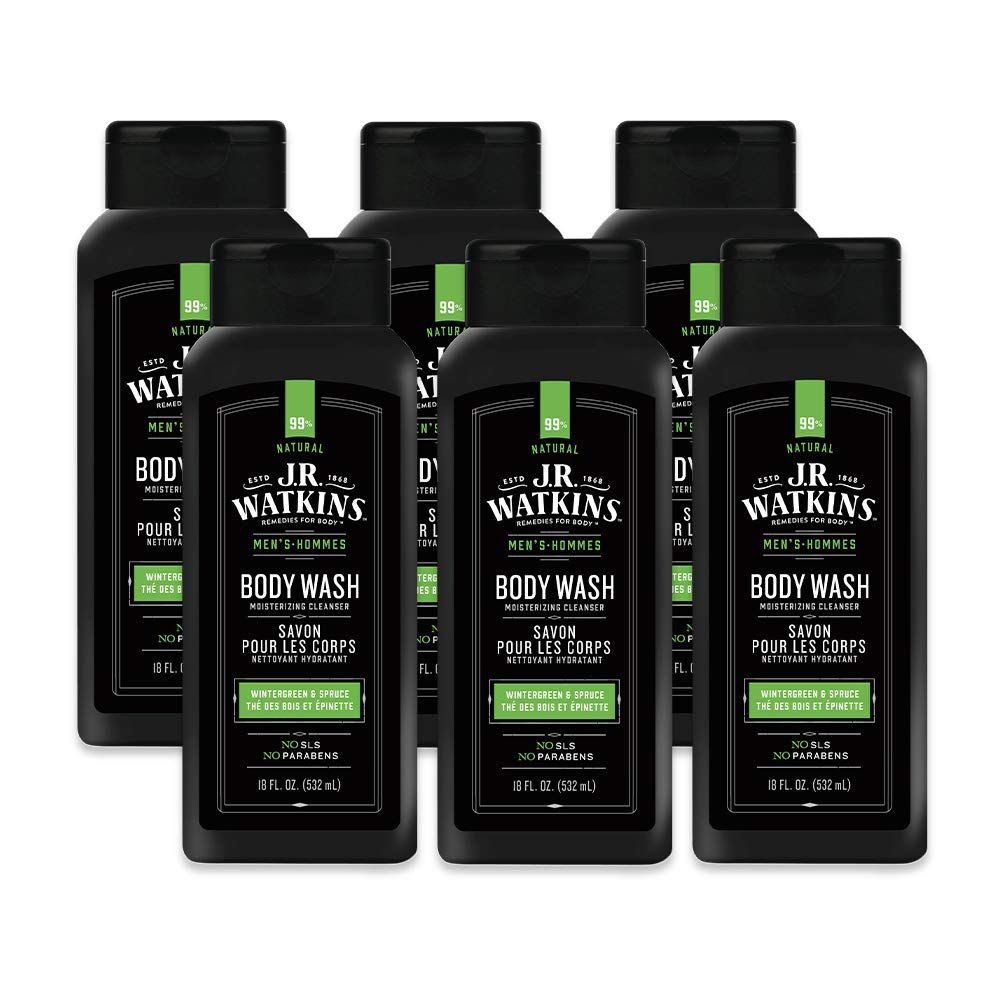JR Watkins Natural Daily Moisturizing Body Wash, Wintergreen &amp; Sprice, 6 Pack, Hydrating Shower Gel for Men and Women, Free of SLS, USA Made and Cruelty Free, 18 Fl Oz (Pack of 6)