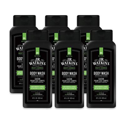 JR Watkins Natural Daily Moisturizing Body Wash, Wintergreen &amp; Sprice, 6 Pack, Hydrating Shower Gel for Men and Women, Free of SLS, USA Made and Cruelty Free, 18 Fl Oz (Pack of 6)