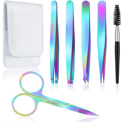Honoson 6 Pcs Eyebrow Tweezers Set for Women Precision Tweezer for Eyebrows with Curved Scissors Eyelash Brush Girls Facial Hair Plucking Daily Beauty Tools with Leather Storage Case(Rainbow Color)