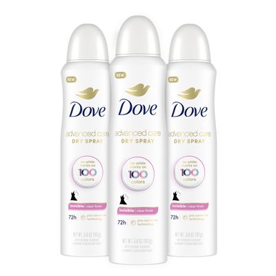 Dove Advanced Care Antiperspirant Deodorant Spray Clear Finish 3 Count Invisible antiperspirant deodorant tested on 100 colors 72-hour odor and sweat protection with Pro-Ceramide technology 3.8 oz