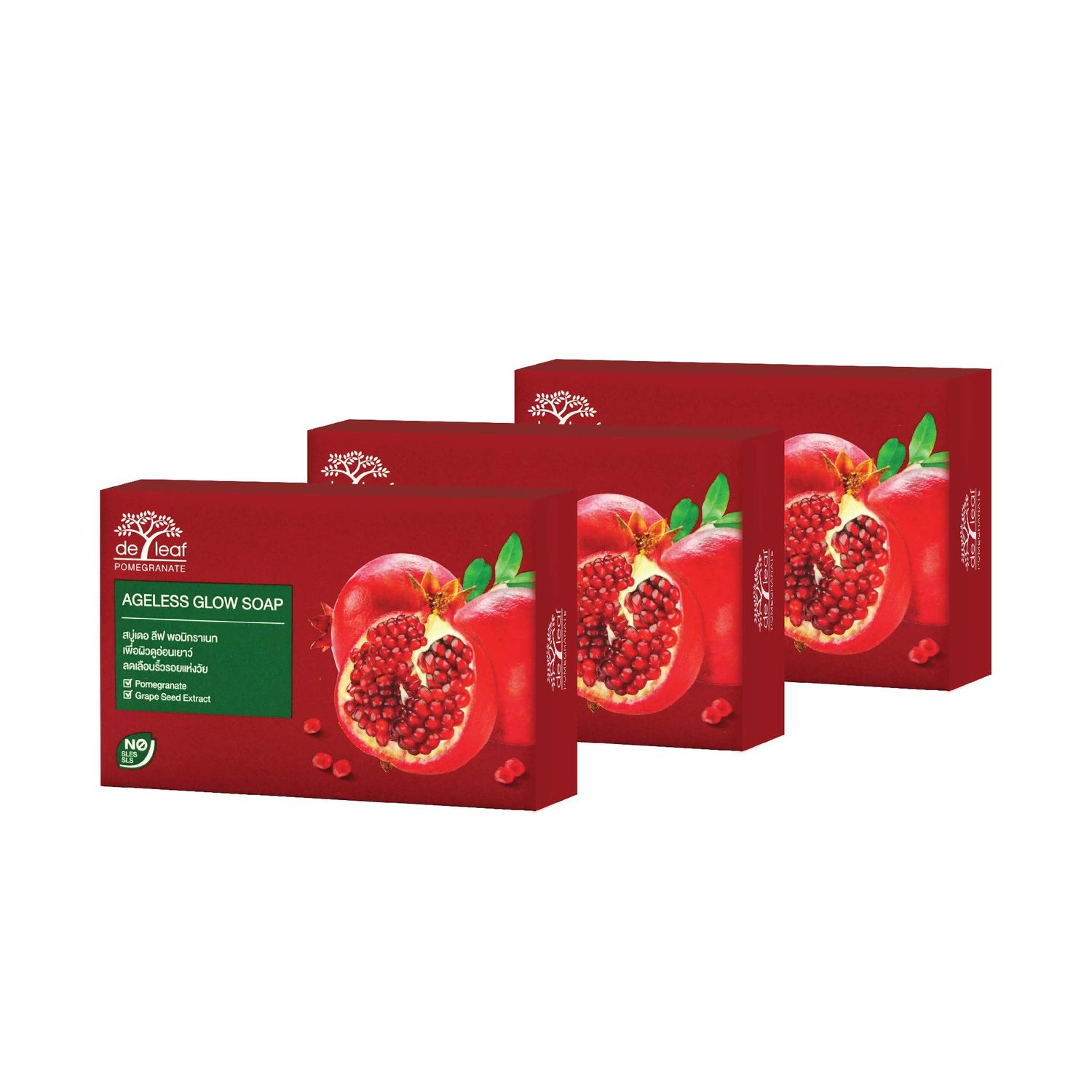 DE LEAF THANAKA Natural Pomegranate Bar Soap, Vitamin E Anti Aging Ageless Glow Youthful Beauty Deep Cleansing Hydration Moisturize Clean Face Facial Body Skin Soap, 100 g 3 Pack Count Pomegranate