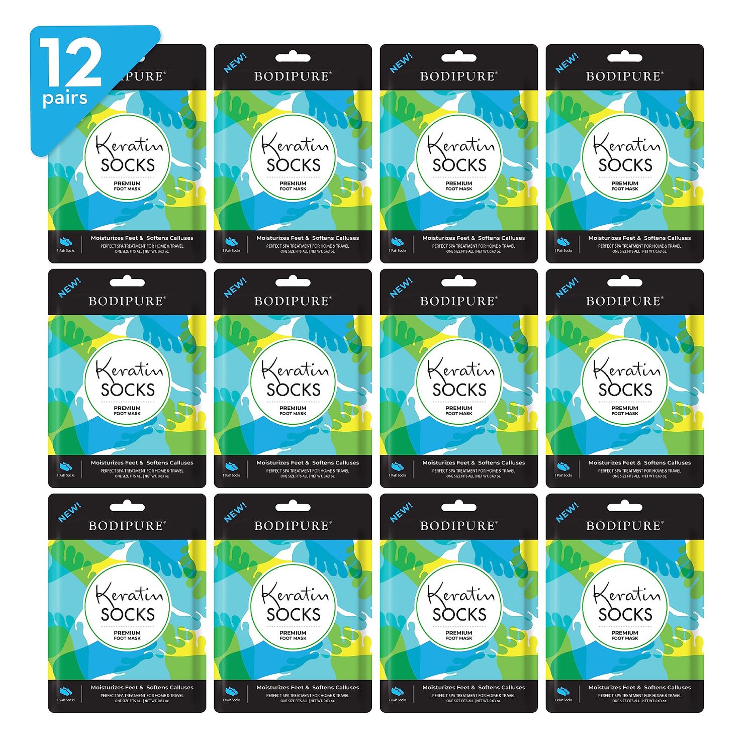 Bodipure Premium Foot Mask Keratin Socks | at Home Spa Moisturizer Socks for Dry Cracked Feet, Callus &amp; Heel Softening | Easy-to-Use Pedicure Foot Repair | Chemical-Free Feet Treatment | 12 Pairs