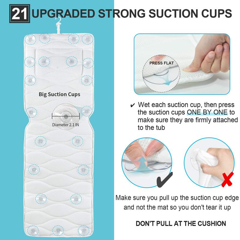 Full Body Bath Pillow, Bath Pillows for tub with Mesh Washing Bag &amp; 21 Non-Slip Suction Cups, Spa Bathtub Pillow for Head Neck Shoulder and Back Support - 5D Air Mesh &amp; Quick Drying