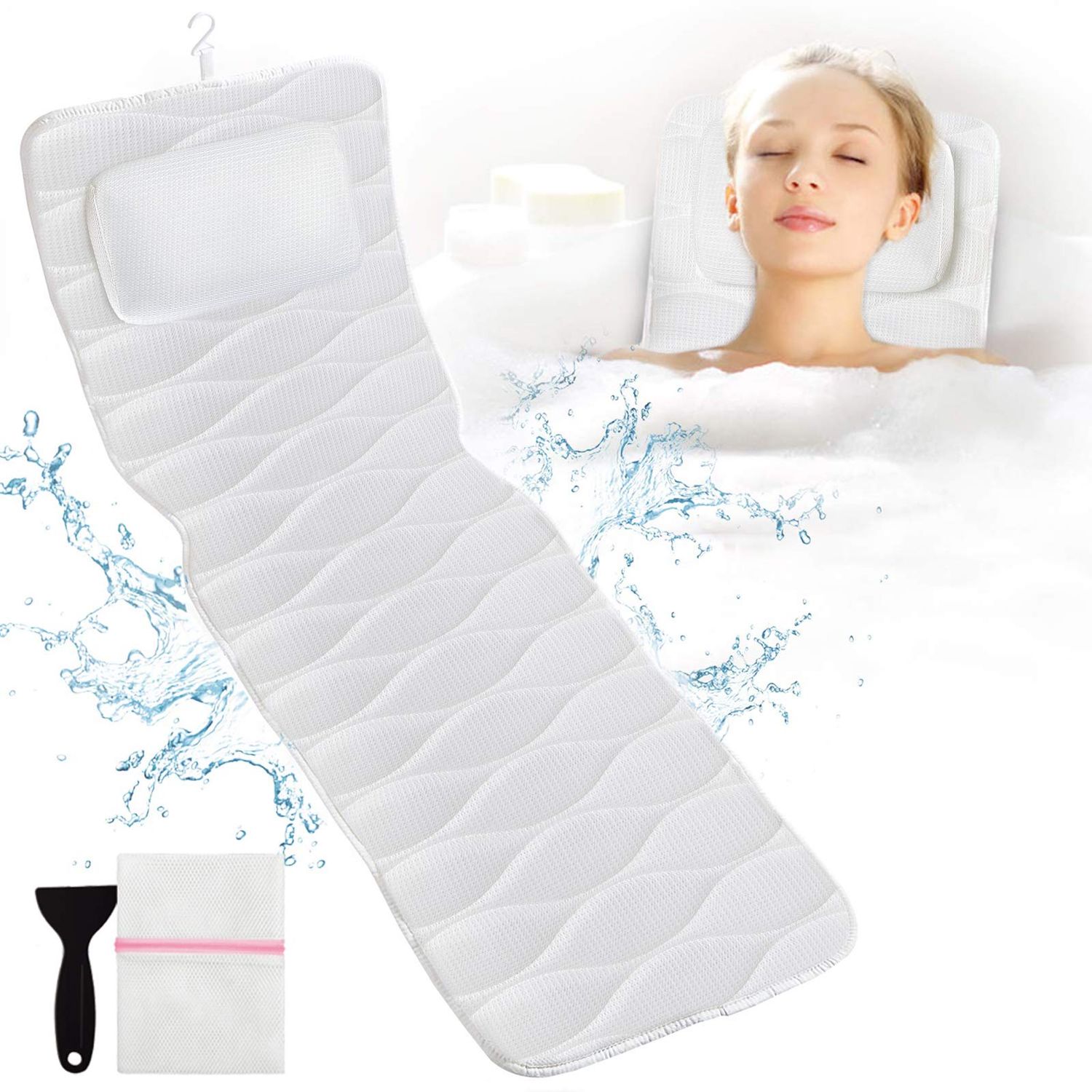 Full Body Bath Pillow, Bath Pillows for tub with Mesh Washing Bag &amp; 21 Non-Slip Suction Cups, Spa Bathtub Pillow for Head Neck Shoulder and Back Support - 5D Air Mesh &amp; Quick Drying