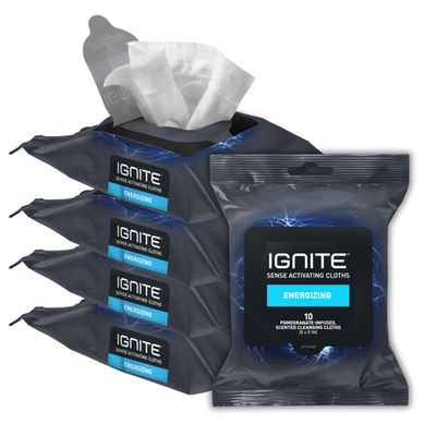 Ignite Mens Body Wet Wipes, Extra Thick 8&quot; x 8&quot; Shower Wipes, Energizing Scent, 10 Count (Pack of 5)