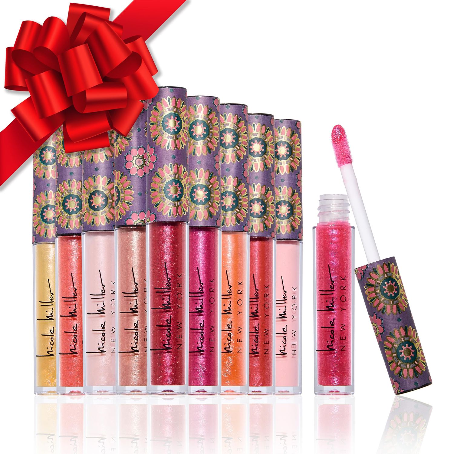 Nicole Miller Lip Gloss Collection Shimmery Glosses for Women and Girls Long Lasting Color Set with Rich Varied Colors, Pink Shimmer, 10 Count (Pack of 1)