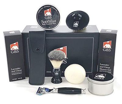 G.B.S Mens Grooming Kit, Scalp Shampoo Brush, Shower Gel, natural shaving soap, Synthetic Shaving Brush, Blade Compatible Razor with Case, Aftershave Balm Hair Wax Gel