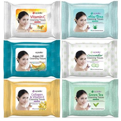 Epielle OG Makeup Remover Cleansing Wipes Tissue | Gentle for all Skin Types | Daily Facial Cleansing Towelettes | Removes Dirt, Oil, Makeup | Nicely Scented | 30 Count | Assorted 6 Pack