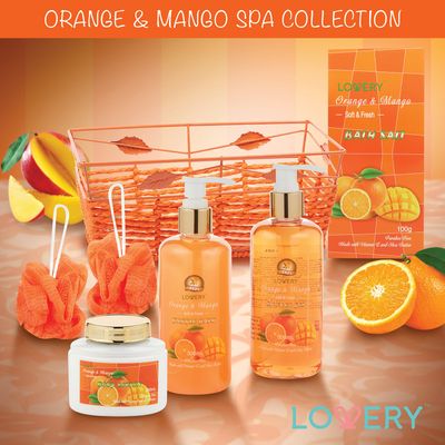 Valentines Gift Basket, Home Spa Gift Basket - Orange &amp; Mango Fragrance - 7pc Bath &amp; Body Set For Women &amp; Men, Contains Shower Gel, Bubble Bath, Body Lotion, Bath Salt, 2 Bath Poufs &amp; Handmade Basket