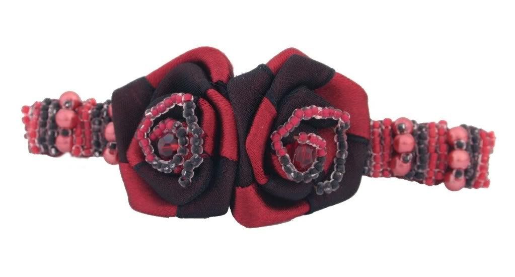 Caravan Automatic Barrette Decorated In Two (2) Tone Wrapped Rose And Multiple Beads In Red And Black