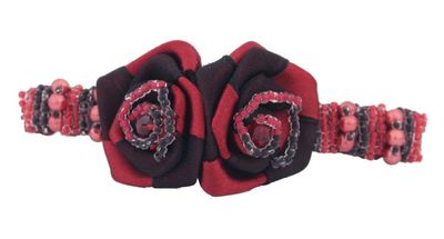 Caravan Automatic Barrette Decorated In Two (2) Tone Wrapped Rose And Multiple Beads In Red And Black
