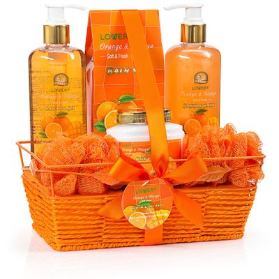Valentines Gift Basket, Home Spa Gift Basket - Orange &amp; Mango Fragrance - 7pc Bath &amp; Body Set For Women &amp; Men, Contains Shower Gel, Bubble Bath, Body Lotion, Bath Salt, 2 Bath Poufs &amp; Handmade Basket