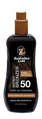 Australian Gold Spray Gel Sunscreen with Instant Bronzer SPF 50, 8 Ounce, Moisturize &amp; Hydrate Skin, Broad Spectrum, Water Resistant, Non-Greasy, Vegan and PETA Approved, Cocoa Dreams Scent
