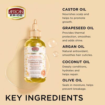 African Pride Moisture Miracle 5 Essential Oils - Contains Castor, Grapeseed, Argan, Coconut &amp; Olive Oil, Seals in Moisture &amp; Adds Shine, Vitamin E, 4 oz (3 Pack)