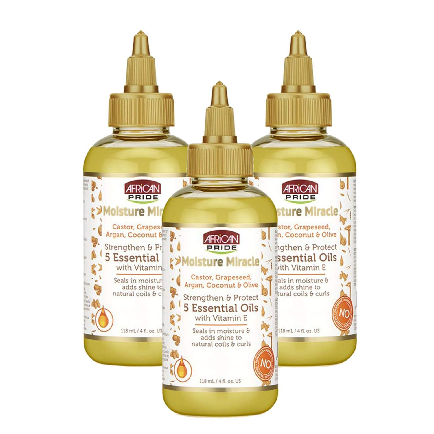 African Pride Moisture Miracle 5 Essential Oils - Contains Castor, Grapeseed, Argan, Coconut &amp; Olive Oil, Seals in Moisture &amp; Adds Shine, Vitamin E, 4 oz (3 Pack)