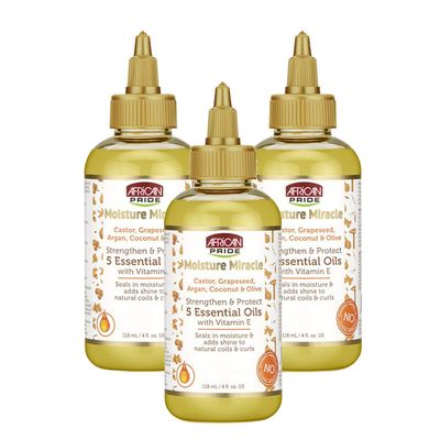 African Pride Moisture Miracle 5 Essential Oils - Contains Castor, Grapeseed, Argan, Coconut &amp; Olive Oil, Seals in Moisture &amp; Adds Shine, Vitamin E, 4 oz (3 Pack)