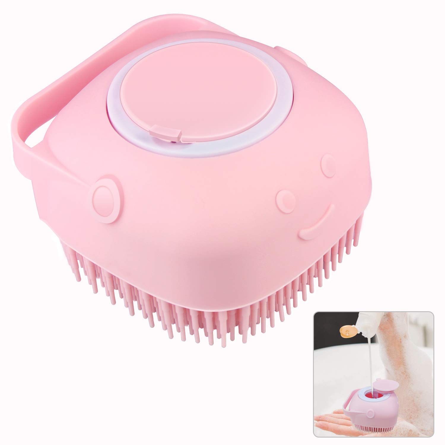 Silicone Exfoliating Brushes &amp; Body Scrubber with Soap Dispenser for Shower, Enhancer Blood Circulation&amp;Deep Cleansing Bath Loofah for Babies, Kids, Women, Men, and Pets (Pink)