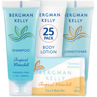 BERGMAN KELLY Hotel Toiletries Bundle (Tropical Waterfall, 1 oz each, 100 Pcs) 4-Piece Set: 25 Rectangular Bar Soap, 25 Shampoo, 25 Conditioner &amp; 25 Body Lotion - Bulk Mini Guest Amenities Supply