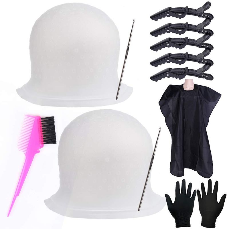 Silicone Highlight Caps Set for Color Hair 2 PCS Professional Reusable Highlighting Caps with Hooks &amp; Salon Hairdressing Dyeing Staining Tools for Women Men