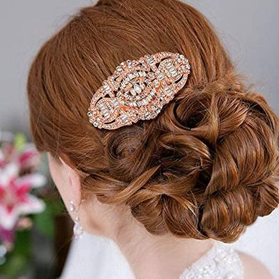 EVER FAITH 1920s Wedding Hair Accessories Austrian Crystal Bridal Art Deco Vintage Headpiece Side Comb for Women Bride Clear Rose Gold-Tone