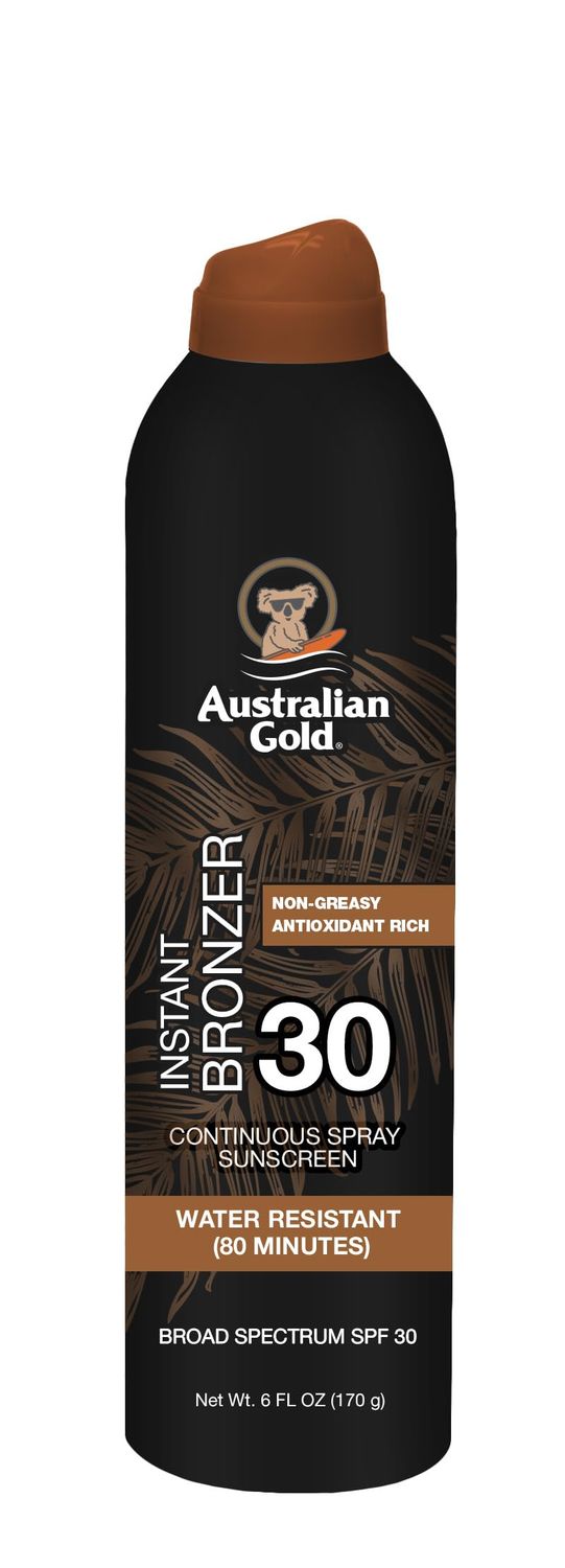 Australian Gold Continuous Spray Sunscreen with Instant Bronzer SPF 30, 6 Ounce, Immediate Glow &amp; Dries Fast, Water Resistant Non Greasy, Vegan and PETA Approved, Bronzer New, Cocoa Dreams Scent