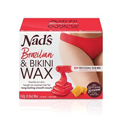 Nad&#39;s Brazilan &amp; Bikini Wax Kit, Hair Removal For Women, Body Wax Specifically For Coarse Hair, At Home Waxing Kit With Hard Wax + Calming Oil Wipes + Wooden Spatula