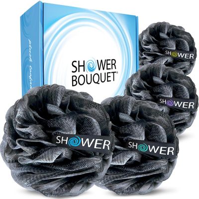 SHOWER BOUQUET Loofah-Charcoal Bath-Sponge-4-Pack // Extra-Large 75g Soft Mesh Black Loofa Lufa Loufa Luffa Puff Set/Exfoliating Body Scrubber for Women and Men - Exfoliate &amp; Soothe Face &amp; Body