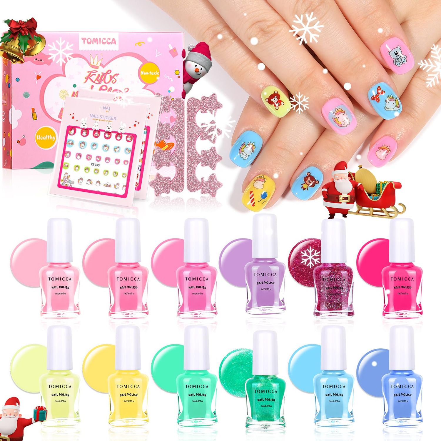 TOMICCA Kids Nail Polish Set - 12 Candy Rainbow Colors Non Toxic Water Based Odorless Peel Off Quick Dry Natural Safe for Toddler Parties &amp; Birthday Girls (Ages 3+)