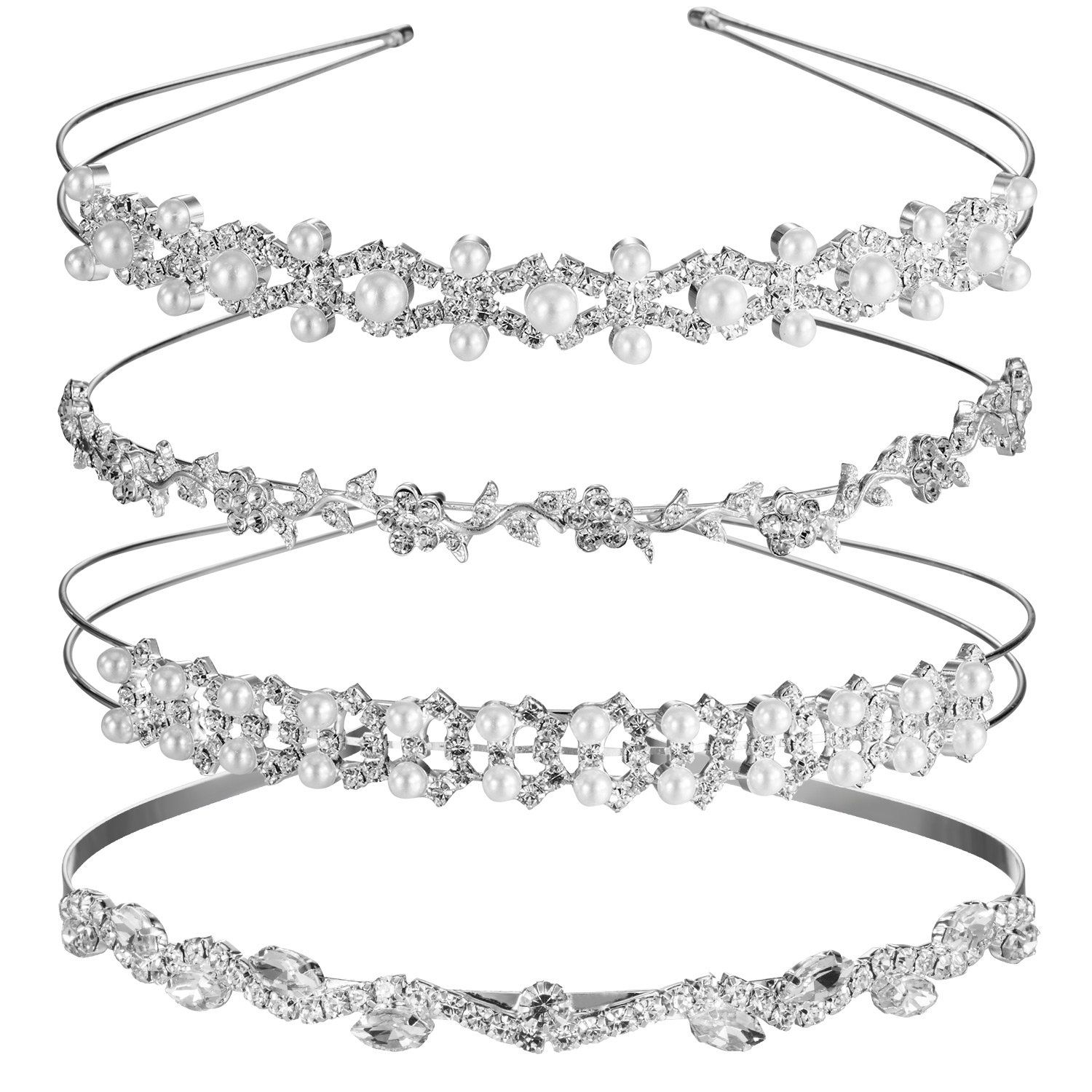 TecUnite 4 Pieces Rhinestones Wedding Headbands Crystal Flower Girl Leaves Crown Headband Tiara Women&#39;s Faux Pearl Rhinestones Headdress for Bride Bridesmaids Wedding Party (Style Set 1)