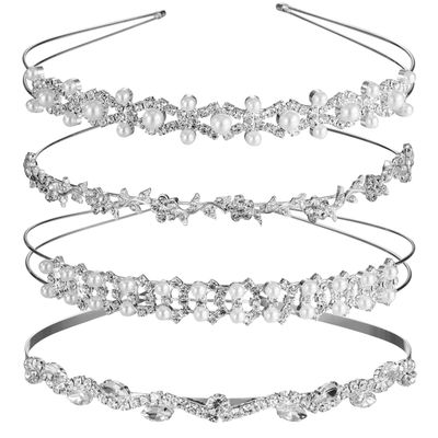 TecUnite 4 Pieces Rhinestones Wedding Headbands Crystal Flower Girl Leaves Crown Headband Tiara Women&#39;s Faux Pearl Rhinestones Headdress for Bride Bridesmaids Wedding Party (Style Set 1)
