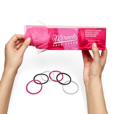 Miracle Face Erase 2 Pack Makeup Remover Face Cloths, Chemical-free, Microfiber, 6 Hair Ties (2 Count, Pink)