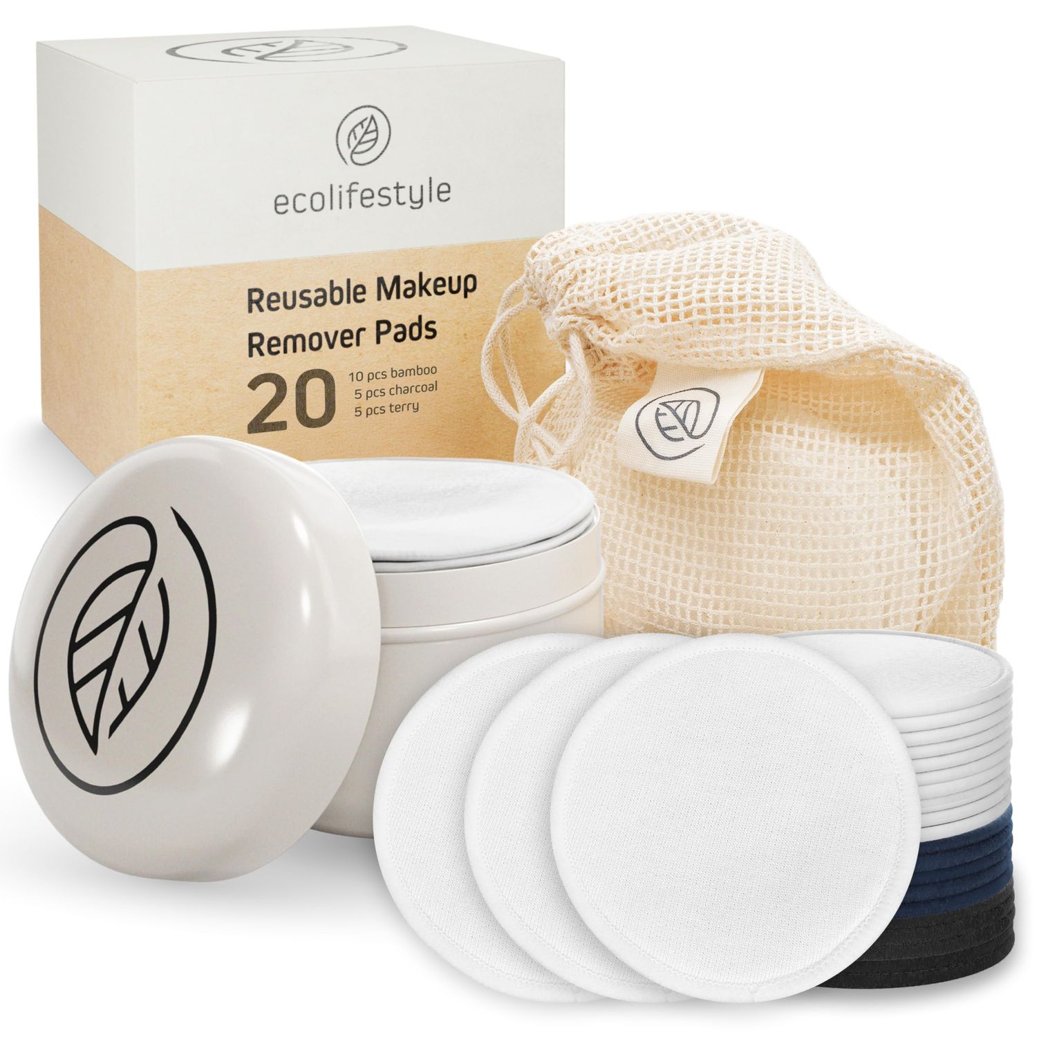 Ecolifestyle Reusable Makeup Remover Pads (20 Pack) - Reusable Cotton Rounds with Laundry Bag &amp; Metal Storage Box | Eco-Friendly, Zero Waste | Bamboo, Terry &amp; Charcoal Washable Face Pads