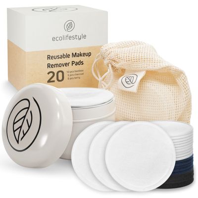 Ecolifestyle Reusable Makeup Remover Pads (20 Pack) - Reusable Cotton Rounds with Laundry Bag &amp; Metal Storage Box | Eco-Friendly, Zero Waste | Bamboo, Terry &amp; Charcoal Washable Face Pads