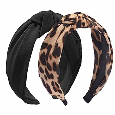 Etercycle 2PCS Headbands for Women, Bow Knotted Wide Headband, Yoga Hair Band Fashion Elastic Hair Accessories for Women (Black, Leopard)