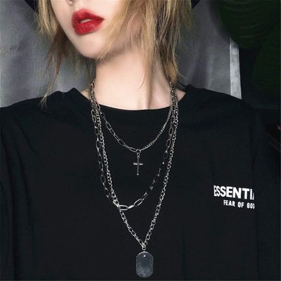 VESOCO Dainty Unique Punk Layering Silver Chain Choker Necklace Boho Jewelry Set Layered Cross Pendant Statement Chunky Chain Necklace for Women Man (Silver)