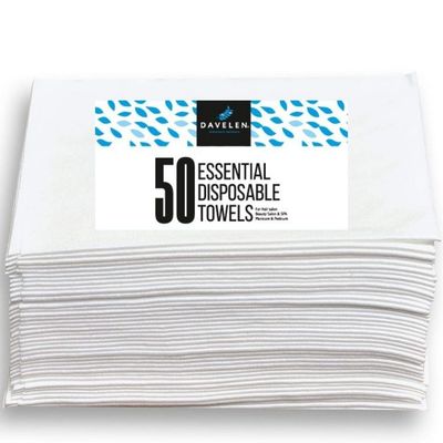 DAVELEN Essential Disposable Hair Towels for Women, 32 inch X 16 inches Each, Super Absorbent Quick Dry Hair for Drying Curly, Long &amp; Thick Hair (White) (50)