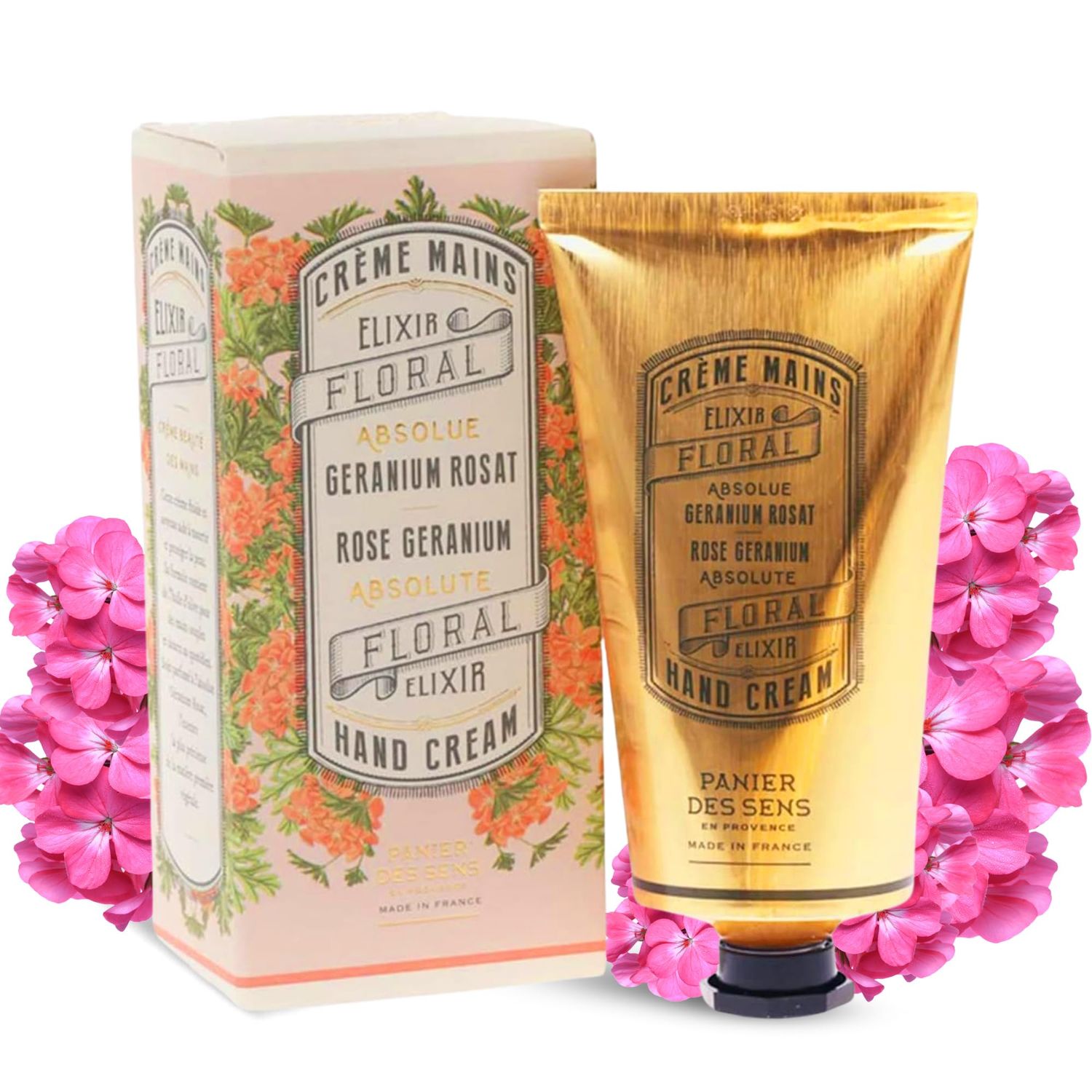 Panier des Sens - Hand Cream for Dry Cracked Hands - Rose Geranium Hand Lotion with Olive &amp; Almond Oil - Vitamin E Skin Moisturizer with 97% Natural Ingredients - Made in France, 2.5 fl oz