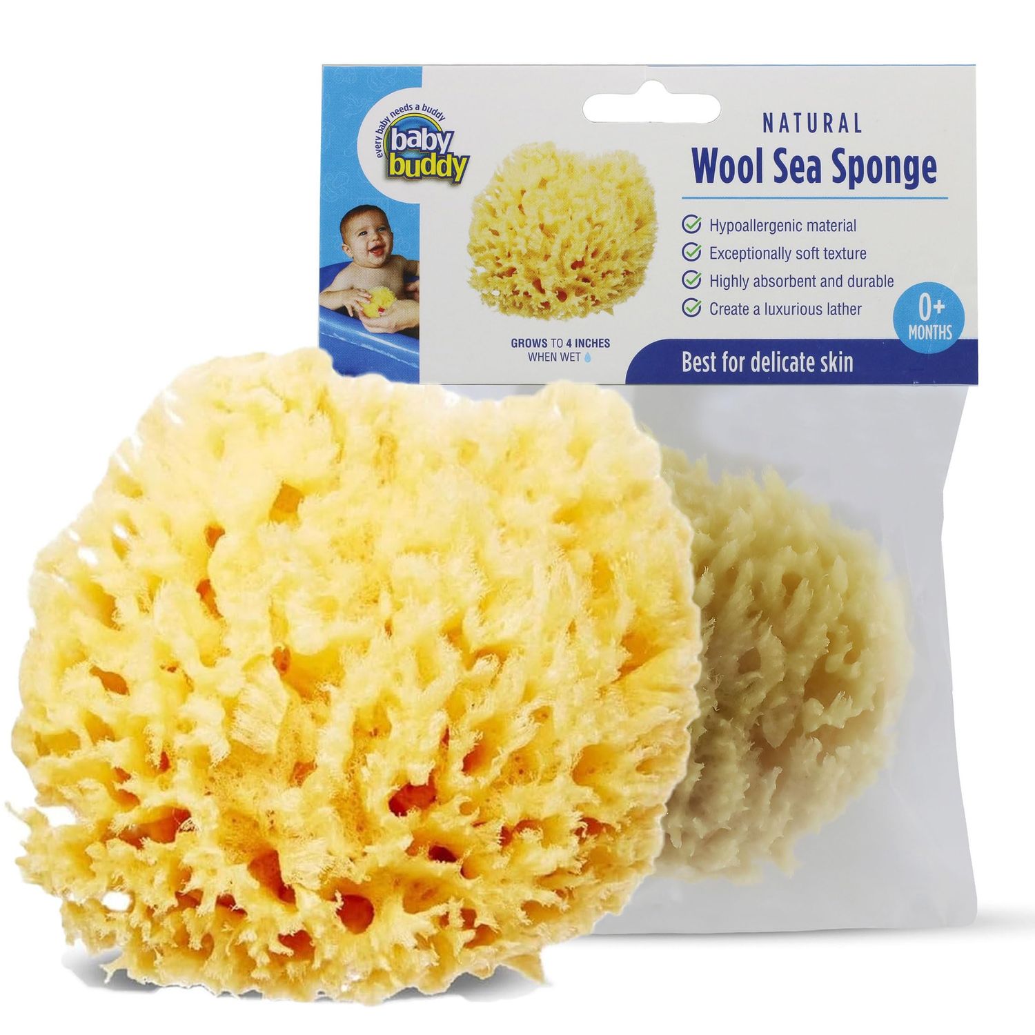 Baby Buddy Natural Wool Sea Sponge, Newborn Bath Time Essential, Ultra Soft for Delicate Skin, Hypoallergenic and Biodegradable, 1 Pack
