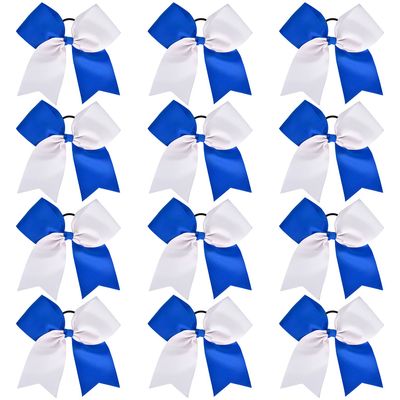 8&quot; Large Cheer Bows Ponytail Holder 12PCS Girls Elastic Hair Ties Navy White Accessories for women youth toddler football Competition Sports
