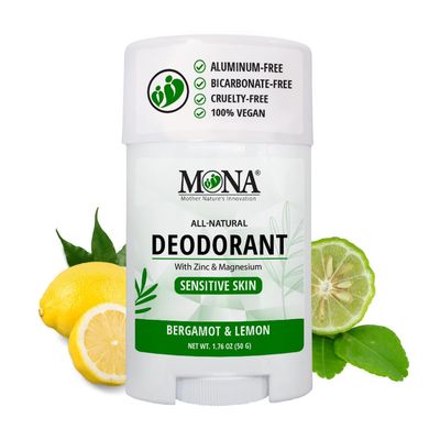 MONA BRANDS All Natural Deodorant For Women &amp; Men | For Sensitive Skin | No Aluminum or Baking Soda | (BERGAMOT LEMON 1.76 Oz)