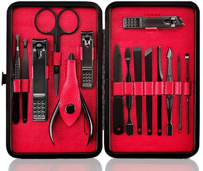 Keiby Citom Professional Stainless Steel Nail Clipper Travel &amp; Grooming Kit Nail Tools Manicure &amp; Pedicure Set of 15pcs with Luxurious Case (Black/Red)