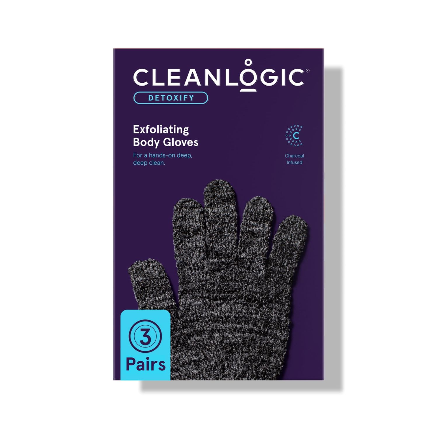 Cleanlogic Detoxify Charcoal Infused Exfoliating Glove, Stretchy Bath &amp; Shower Gloves, Reusable Exfoliator Tool for Smooth &amp; Softer Skin, 3 Pairs, 6 Count Value Pack