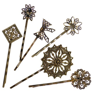 6 Retro Vintage Metal Hair Pin Bobby Pins Flower Bow Royal Square Bronze Accessories Women Girls