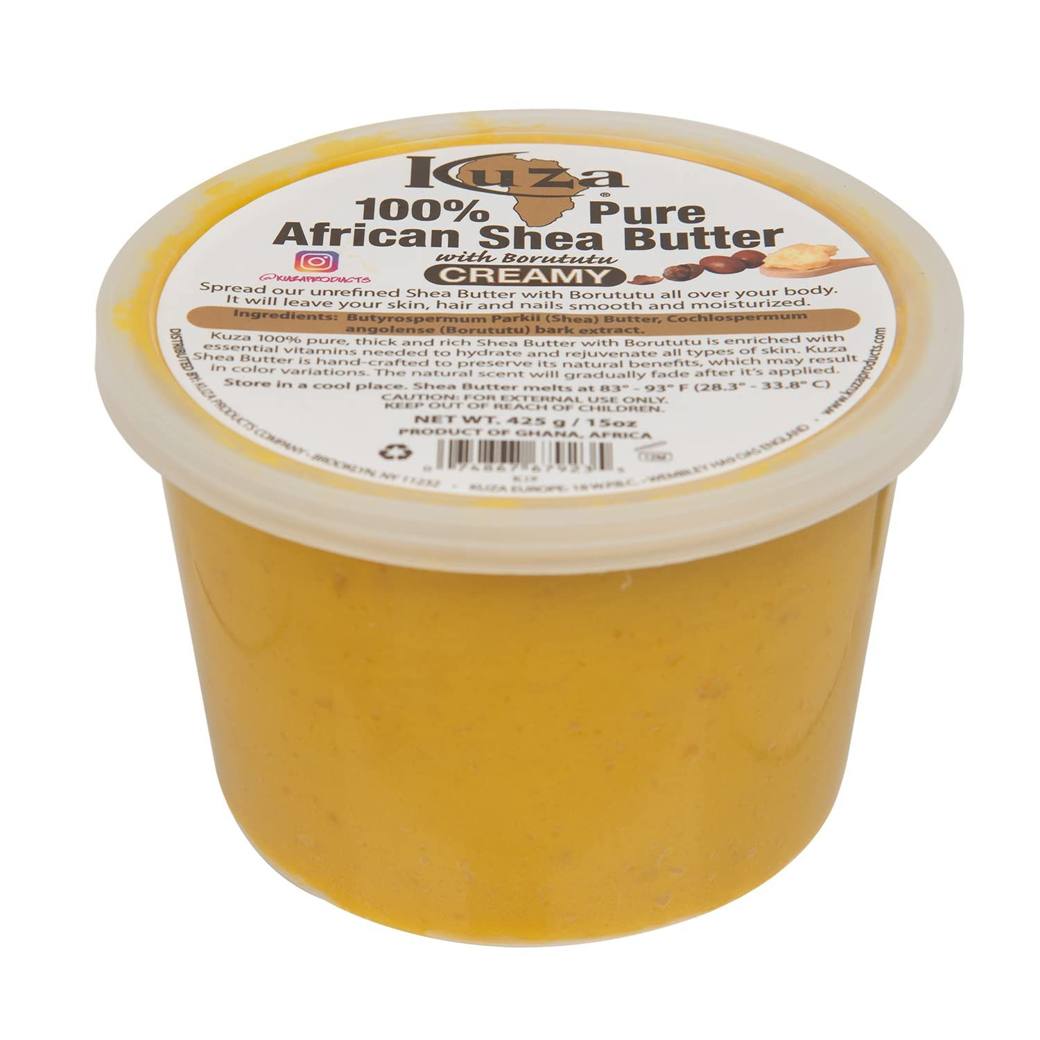 Kuza 100% Pure African Shea Butter with Borututu, Yellow Creamy - 15oz. - Moisturizer for Hair, Skin &amp; Nails