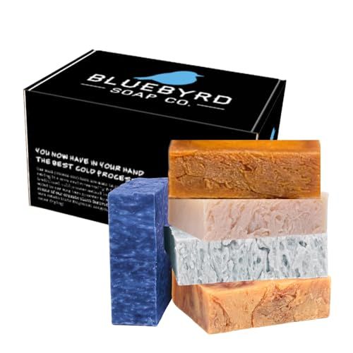 BLUEBYRD SOAP Men&#39;s Natural Bar Soap Gift Set (5 Bars) | Masculine Soap Bars Variety Pack - Bay Rum, Citrus Cedar Sage, Sandalwood, Frankincense, Exfoliating Pumice (Mens Original)
