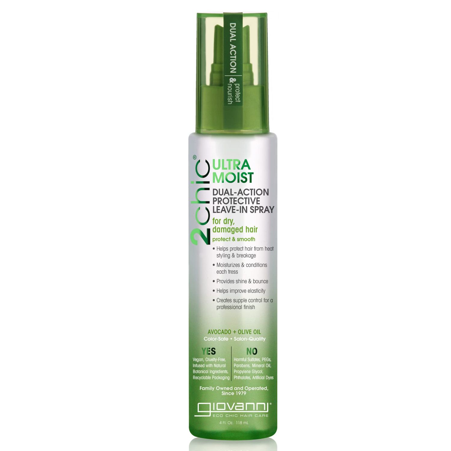 GIOVANNI 2chic Ultra-Moist Dual Action Protective Leave-In Spray - Protects from Heat Styling Breakage, Avocado &amp; Olive Oil, Aloe Vera, Shea Butter, Botanical Extracts, No Parabens, Color Safe - 4 oz