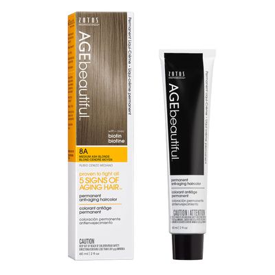 AGE beautiful Permanent Hair Color Dye Liqui Creme | 100% Gray Coverage | Anti-Aging Haircolor | Biotin for Thicker, Fuller Hair | Professional Salon Coloring | 8A Medium Ash Blonde